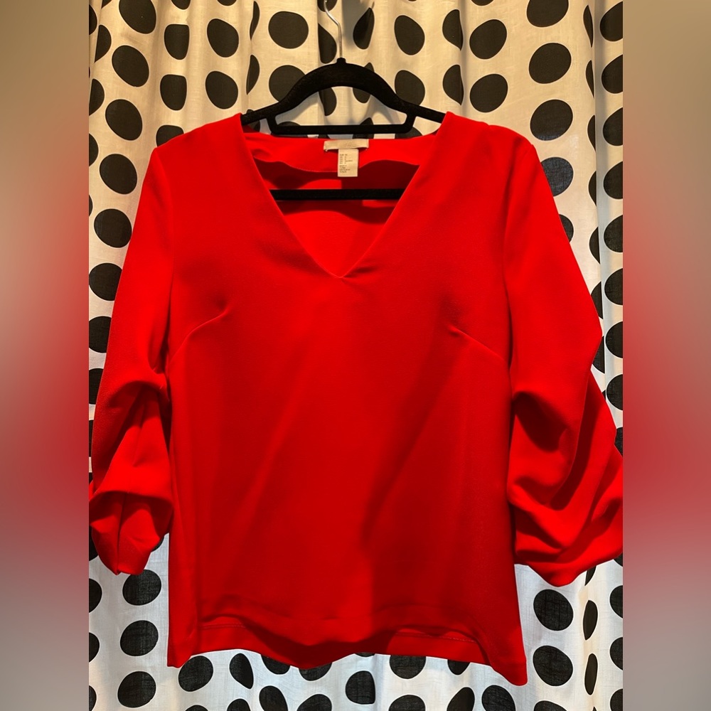 H&M Red Blouse | V Neck | Full Ruched Cropped Arms